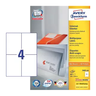 105 mm x 148 mm Papírové A4 print etiketa Avery Zweckform Bílý ( 100 hárkov/balenie )