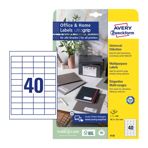 48.5 mm x 25.4 mm Papírové A4 print etiketa Avery Zweckform Bílý ( 10 hárkov/balenie )