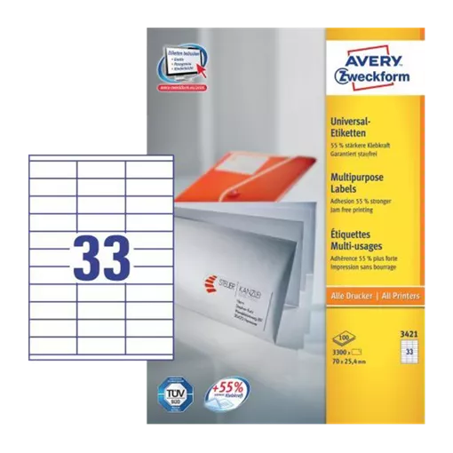70 mm x 25.4 mm Papírové A4 print etiketa Avery Zweckform Bílý ( 100 hárkov/balenie )