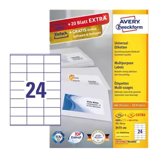 70 mm x 36 mm Papírové A4 print etiketa Avery Zweckform Bílý ( 100 hárkov/balenie )
