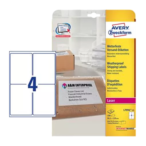 99.1 mm x 139 mm Plastové A4 print etiketa Avery Zweckform Bílý ( 25 hárkov/balenie )