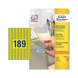 25.4 mm x 10 mm Papírové A4 print etiketa Avery Zweckform Žlutá ( 20 hárkov/balenie )