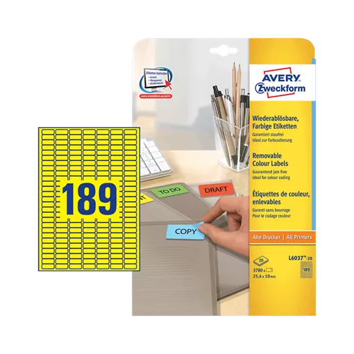 25.4 mm x 10 mm Papírové A4 print etiketa Avery Zweckform Žlutá ( 20 hárkov/balenie )