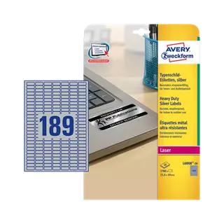 25.4 mm x 10 mm Plastové A4 print etiketa Avery Zweckform Stříbrná ( 20 hárkov/balenie )