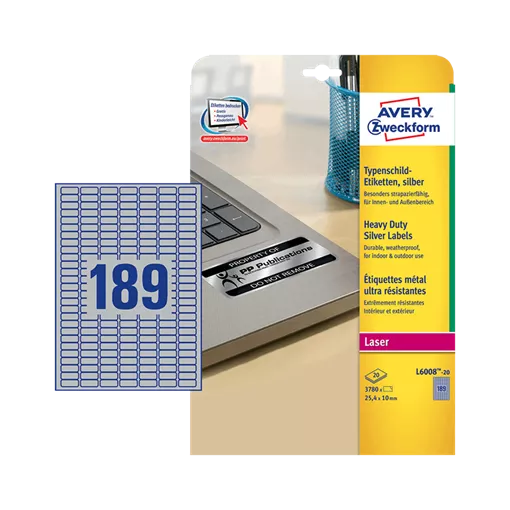 25.4 mm x 10 mm Plastové A4 print etiketa Avery Zweckform Stříbrná ( 20 hárkov/balenie )