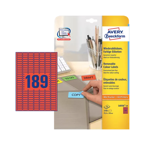 25.4 mm x 10 mm Papírové A4 print etiketa Avery Zweckform Červená ( 20 hárkov/balenie )