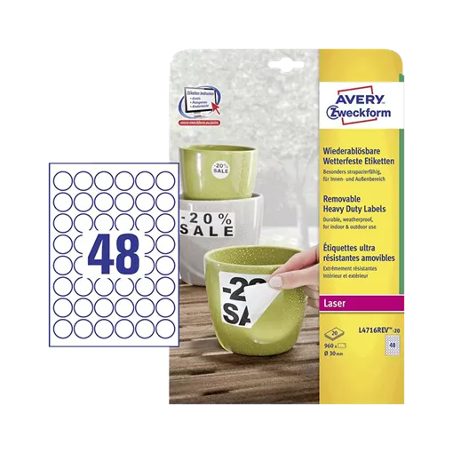 30 mm x 30 mm Plastové A4 print etiketa Avery Zweckform Bílý ( 20 hárkov/balenie )
