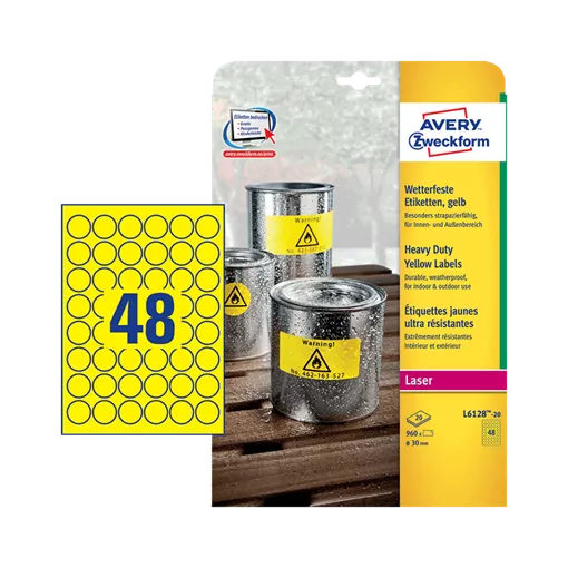 30 mm x 30 mm Plastové A4 print etiketa Avery Zweckform Žlutá ( 20 hárkov/balenie )