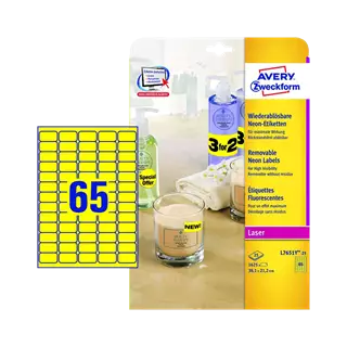 38.1 mm x 21.2 mm Papírové A4 print etiketa Avery Zweckform Neonová žlutá ( 25 hárkov/balenie )