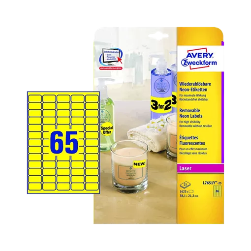 38.1 mm x 21.2 mm Papírové A4 print etiketa Avery Zweckform Neonová žlutá ( 25 hárkov/balenie )