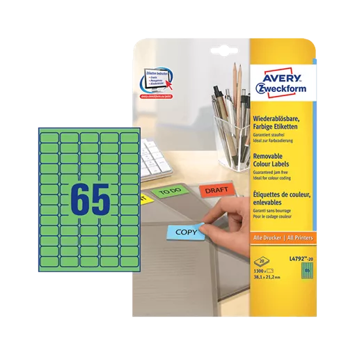38.1 mm x 21.2 mm Papírové A4 print etiketa Avery Zweckform Zelená ( 20 hárkov/balenie )