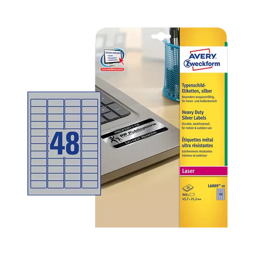 45.7 mm x 21.2 mm Plastové A4 print etiketa Avery Zweckform Stříbrná ( 20 hárkov/balenie )