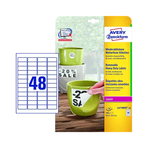 45.7 mm x 21.2 mm Plastové A4 print etiketa Avery Zweckform Bílý ( 20 hárkov/balenie )