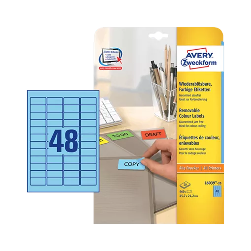 45.7 mm x 21.2 mm Papírové A4 print etiketa Avery Zweckform Modrá ( 20 hárkov/balenie )