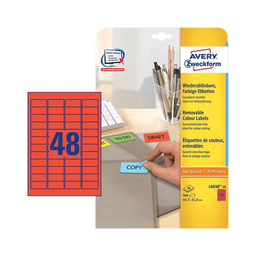 45.7 mm x 21.2 mm Papírové A4 print etiketa Avery Zweckform Červená ( 20 hárkov/balenie )