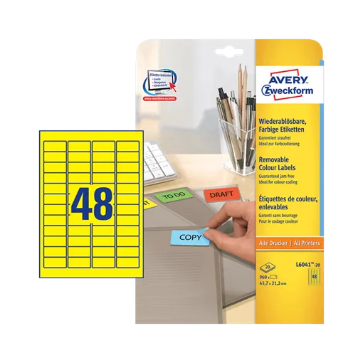 45.7 mm x 21.2 mm Papírové A4 print etiketa Avery Zweckform Žlutá ( 20 hárkov/balenie )
