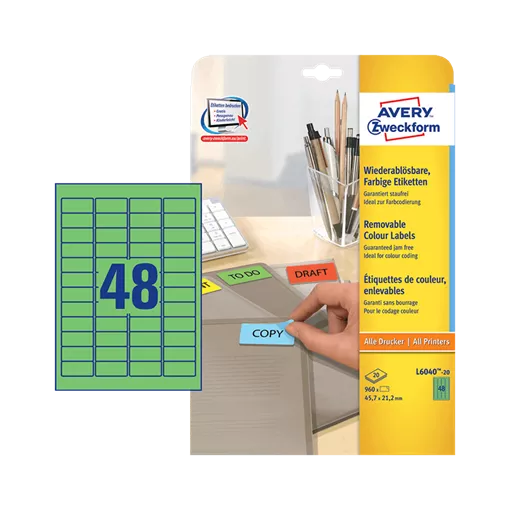 45.7 mm x 21.2 mm Papírové A4 print etiketa Avery Zweckform Zelená ( 20 hárkov/balenie )