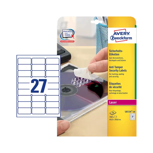 63.5 mm x 29.6 mm Plastové A4 print etiketa Avery Zweckform Bílý ( 20 hárkov/balenie )
