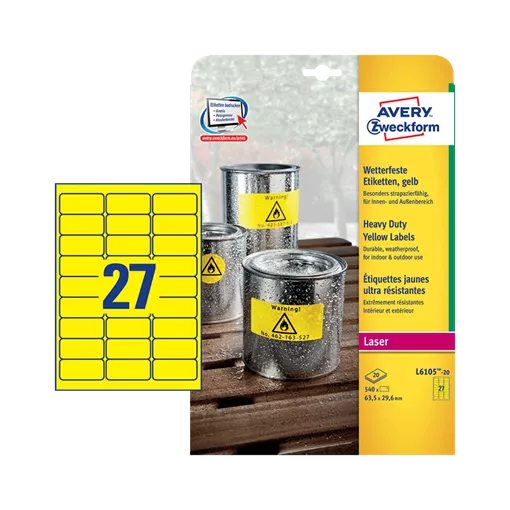 63.5 mm x 29.6 mm Plastové A4 print etiketa Avery Zweckform Žlutá ( 20 hárkov/balenie )