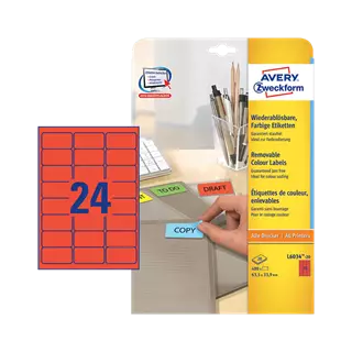 63.5 mm x 33.9 mm Papírové A4 print etiketa Avery Zweckform Červená ( 20 hárkov/balenie )