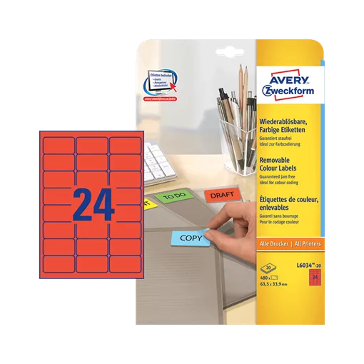 63.5 mm x 33.9 mm Papírové A4 print etiketa Avery Zweckform Červená ( 20 hárkov/balenie )