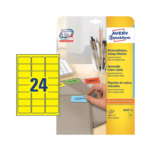 63.5 mm x 33.9 mm Papírové A4 print etiketa Avery Zweckform Žlutá ( 20 hárkov/balenie )