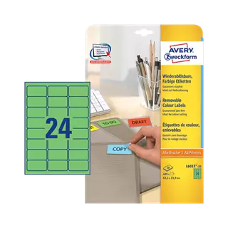63.5 mm x 33.9 mm Papírové A4 print etiketa Avery Zweckform Zelená ( 20 hárkov/balenie )