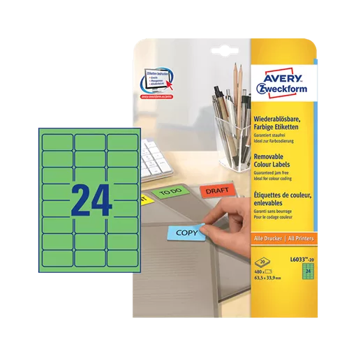 63.5 mm x 33.9 mm Papírové A4 print etiketa Avery Zweckform Zelená ( 20 hárkov/balenie )