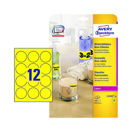 63.5 mm x 63.5 mm Papírové A4 print etiketa Avery Zweckform Neonová žlutá ( 25 hárkov/balenie )