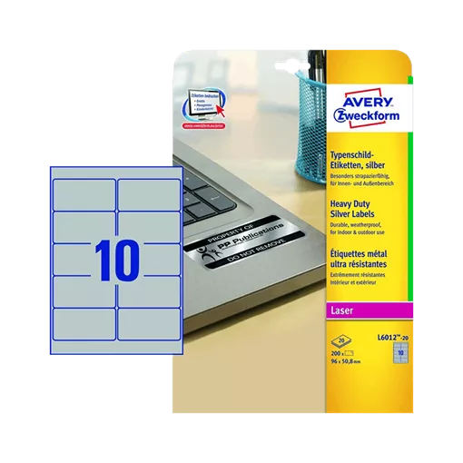 96 mm x 50.8 mm Plastové A4 print etiketa Avery Zweckform Stříbrná ( 20 hárkov/balenie )