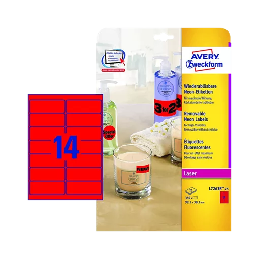 99.1 mm x 38.1 mm Papírové A4 print etiketa Avery Zweckform Neonová červená ( 25 hárkov/balenie )