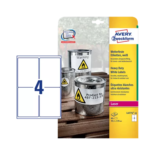 99.1 mm x 139 mm Plastové A4 print etiketa Avery Zweckform Bílý ( 20 hárkov/balenie )