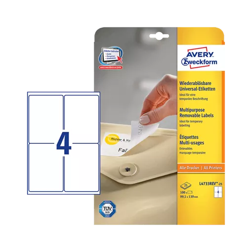 99.1 mm x 139 mm Papírové A4 print etiketa Avery Zweckform Bílý ( 25 hárkov/balenie )