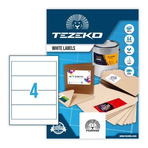 192.5 mm x 62 mm Papírové A4 print etiketa Tezeko Bílý ( 100 hárkov/balenie )